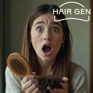 Femme choquée par une perte importante de cheveux sur sa brosse.