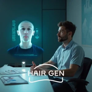 Un expert discute face à un hologramme affichant un patient aux cheveux clairsemés, démontrant l’efficacité du clonage de cheveux lors d'une présentation interactive.
