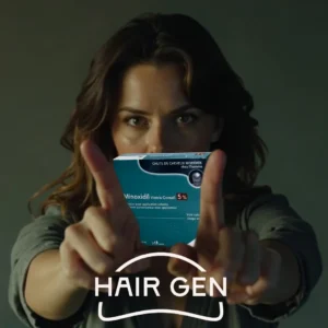 Une femme met en avant une boîte de Minoxidil 5 % avec un geste affirmé, soulignant le fait qu'il vaut mieux utiliser d'autres produits pour prévenir la chute de cheveux.