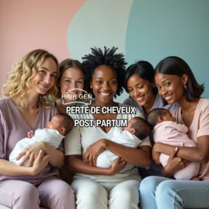 Un groupe de femmes de diverses origines tenant leurs bébés, illustrant la solidarité face à la perte de cheveux après la grossesse, dans une atmosphère chaleureuse et positive.