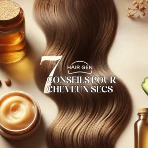 Couverture d'article mettant en avant 7 conseils pour cheveux secs, avec une chevelure soyeuse et des éléments naturels comme du miel, un masque capillaire, et des avocats.