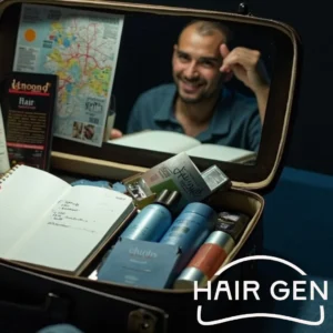 Préparation du nécessaire de voyage pour une greffe en Turquie – Valise contenant des soins capillaires.