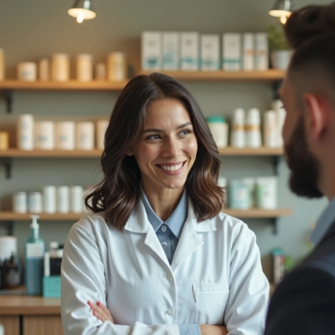 Une pharmacienne prête à vendre du minoxidil ou du finastéride.