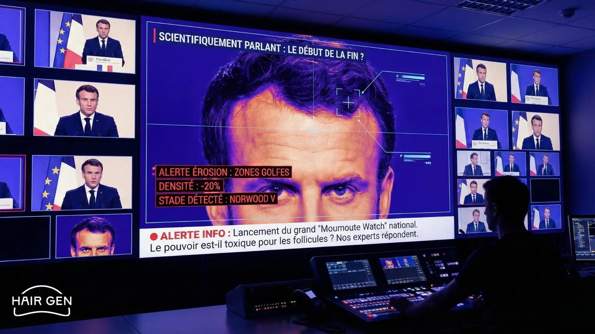 Scène de régie télévisée affichant sur grand écran une analyse technique alarmiste du front du président avec des données fictives de densité.