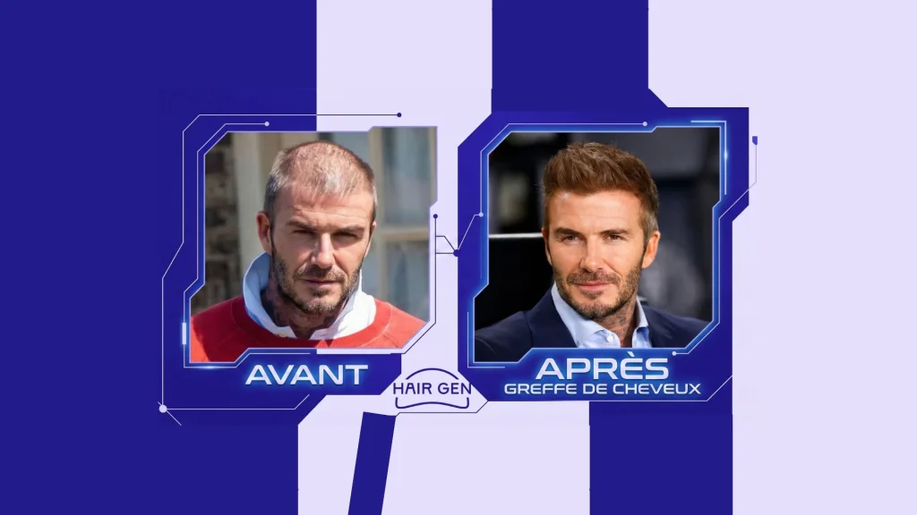 Comparaison côte à côte : à gauche Beckham avec une chevelure clairsemée ("Avant"), à droite avec une densité retrouvée ("Après greffe de cheveux").