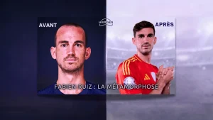 Image scindée en deux : à gauche, un gros plan sur le visage marqué et dégarni de Ruiz ; à droite, le joueur avec une chevelure dense sous le maillot espagnol.