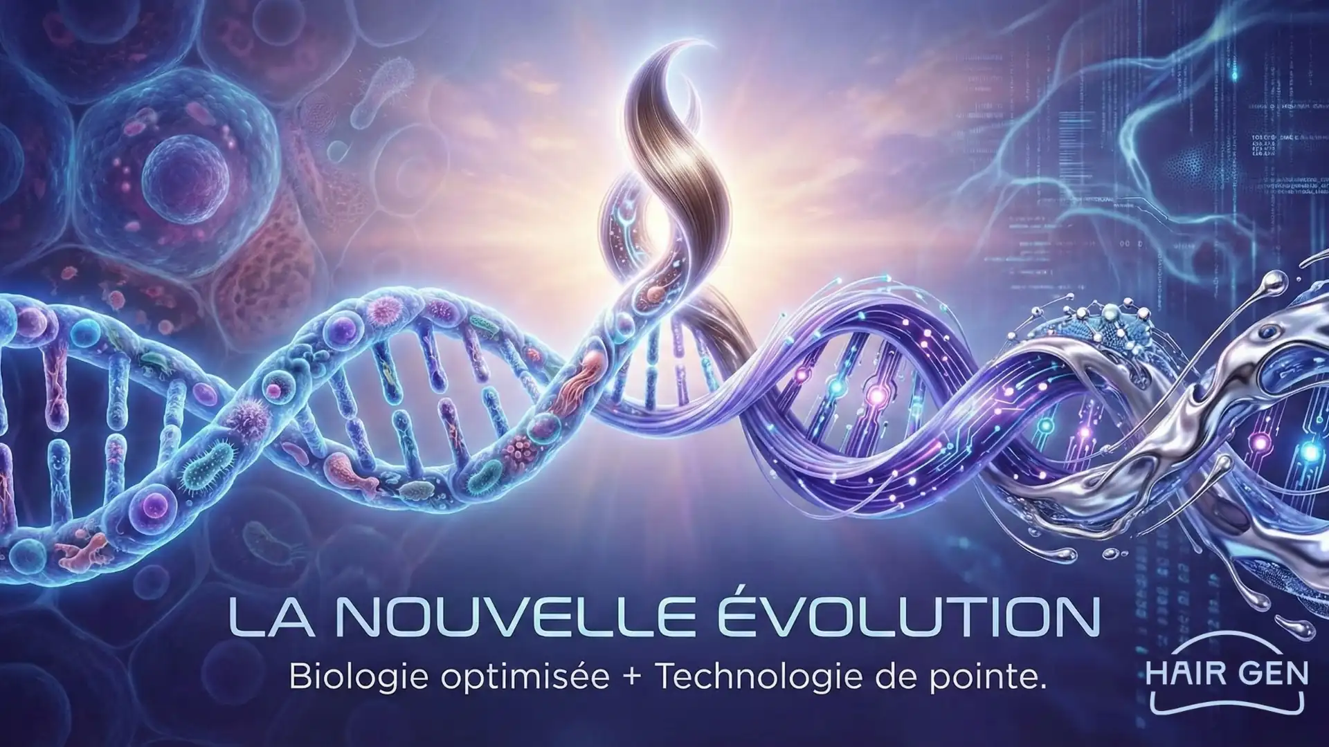 Visuel artistique mêlant ADN organique et structures métalliques fluides, illustrant le concept de Nouvelle Évolution par la technologie.