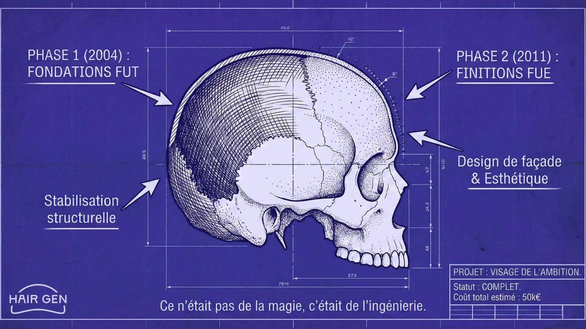 Schéma technique bleu (blueprint) d'un crâne de profil, détaillant deux phases d'intervention : les fondations FUT en 2004 et les finitions FUE en 2011.