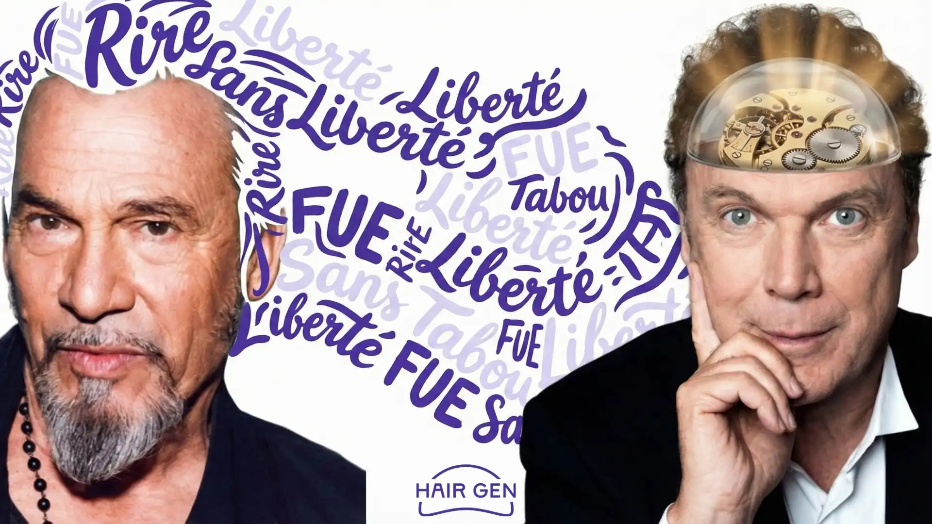 Montage artistique Hair Gen mettant en scène Florent Pagny et Julien Lepers sur le thème de la liberté capillaire.