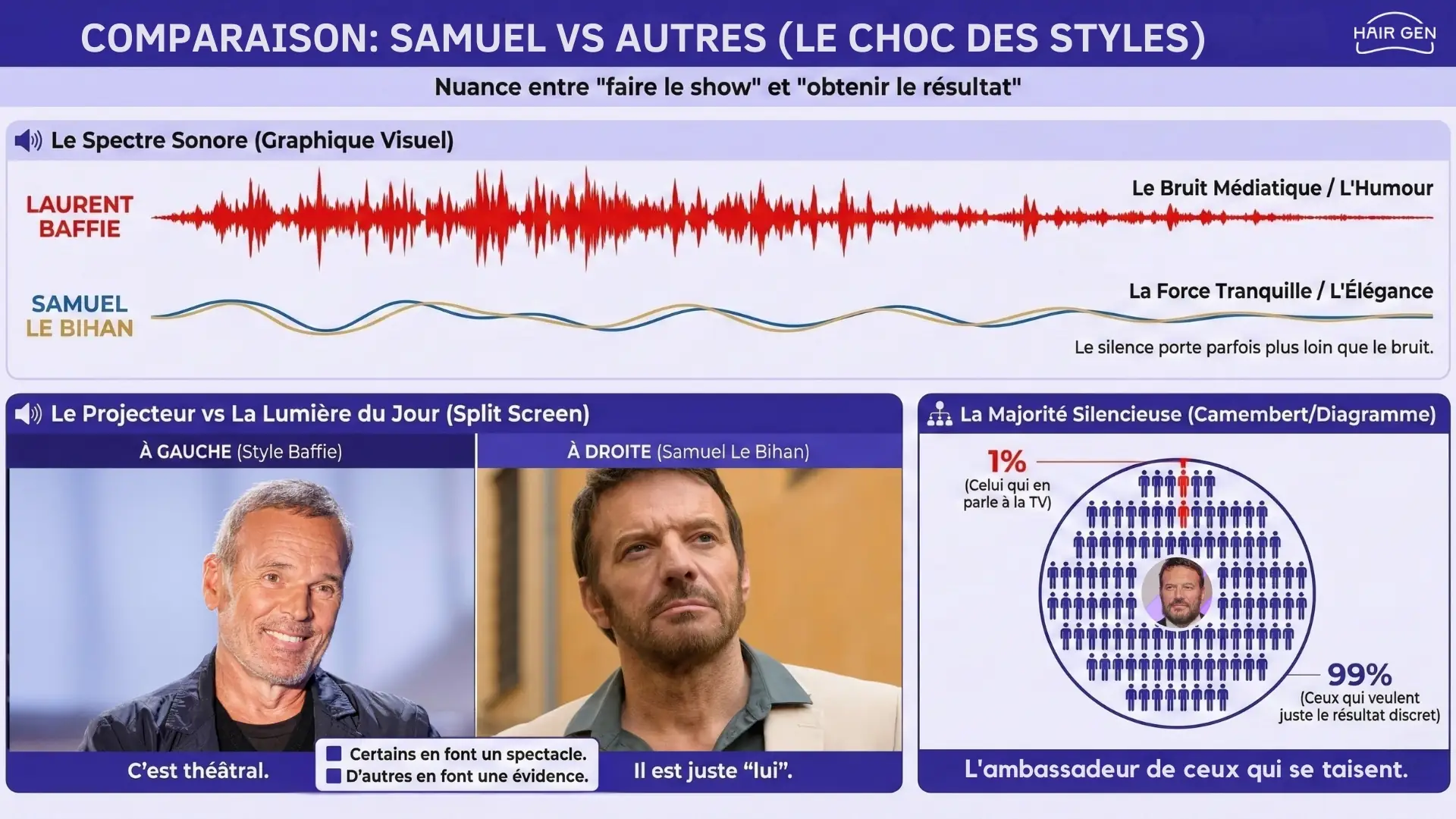 Analyse graphique opposant le spectacle de Laurent Baffie à l'élégance de Samuel Le Bihan, soulignant que 99% des hommes préfèrent la discrétion.