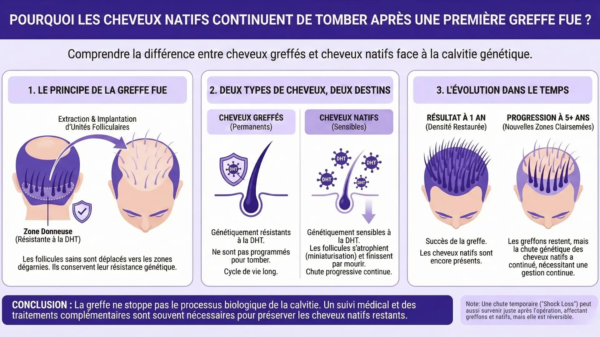 Infographie explicative en trois étapes montrant la différence entre cheveux greffés et cheveux natifs face à la DHT.