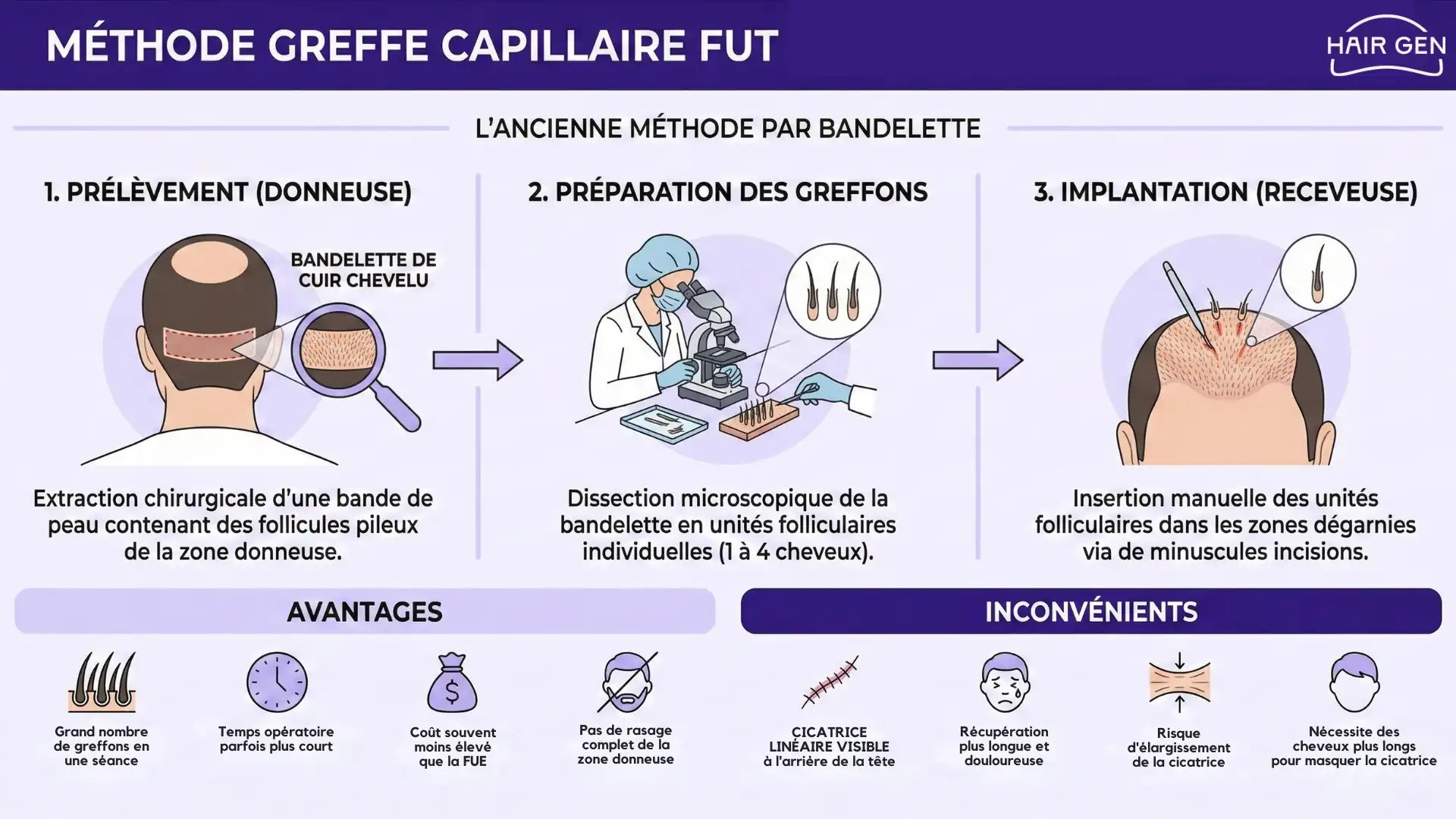 Schéma explicatif des 3 étapes de la greffe FUT par bandelette, listant ses avantages et inconvénients.