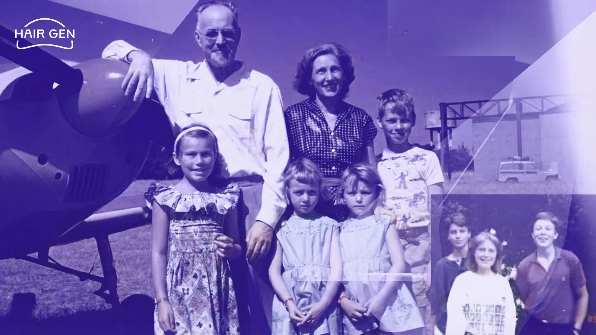 Photos d'archives de la famille Musk, incluant son père Errol, illustrant l'hérédité capillaire et le contexte génétique.