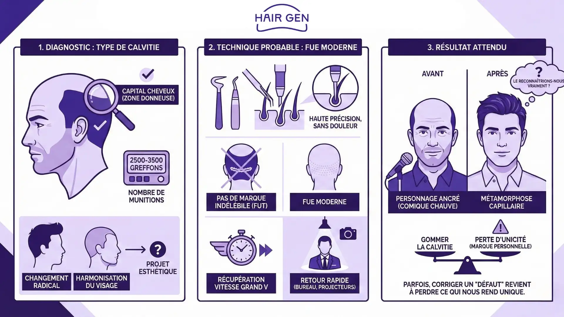 Infographie greffe de cheveux FUE spécial Jérôme Commandeur