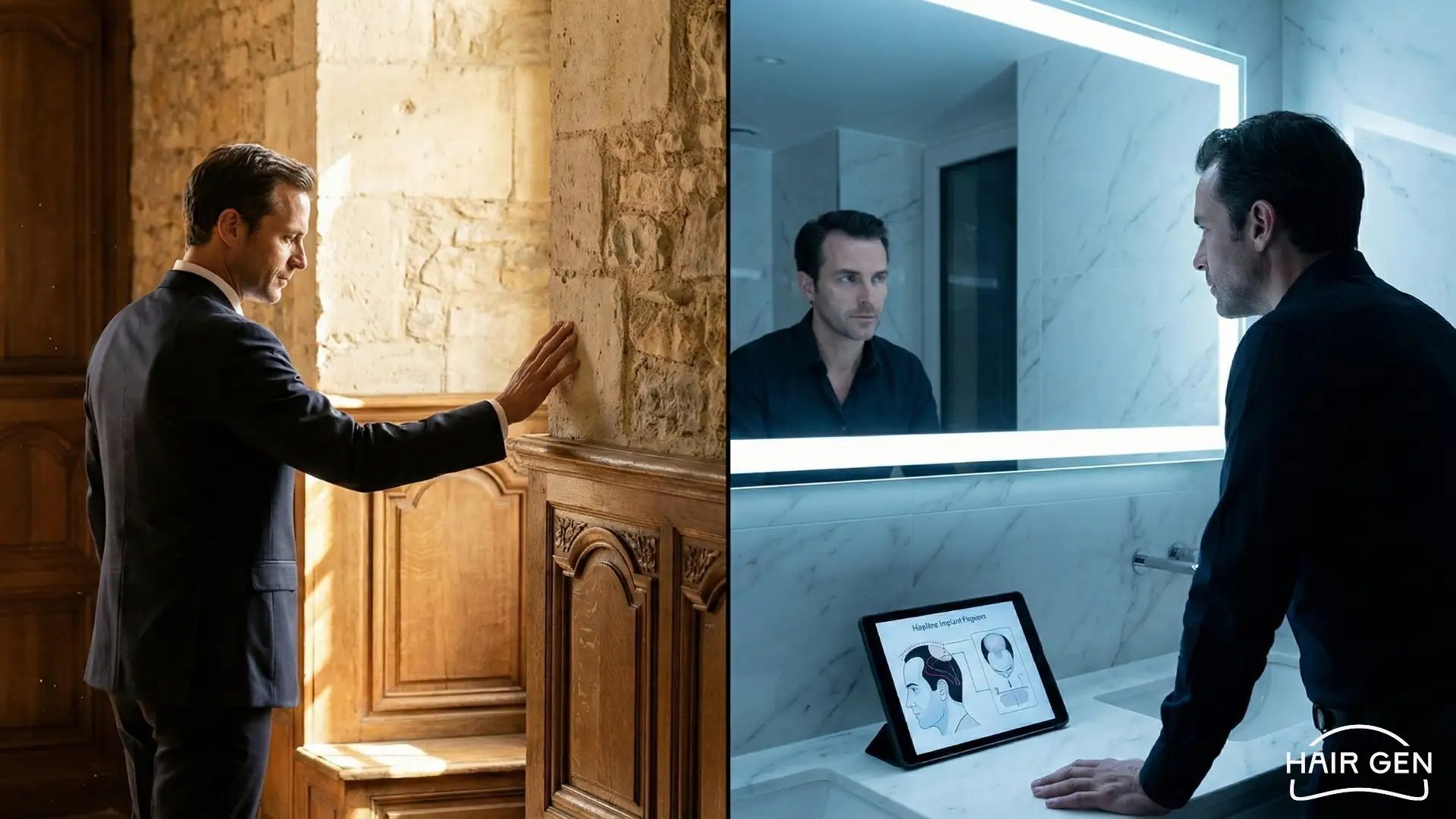 Image scindée en deux : à gauche l'inspection d'un mur en pierre, à droite l'analyse d'une ligne capillaire sur tablette face à un miroir.