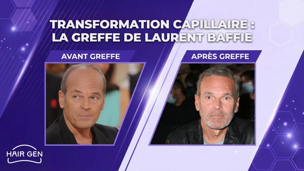 Diapositive de présentation titrée "Transformation Capillaire" affichant deux photos de l'humoriste Laurent Baffie avant et après son intervention capillaire.