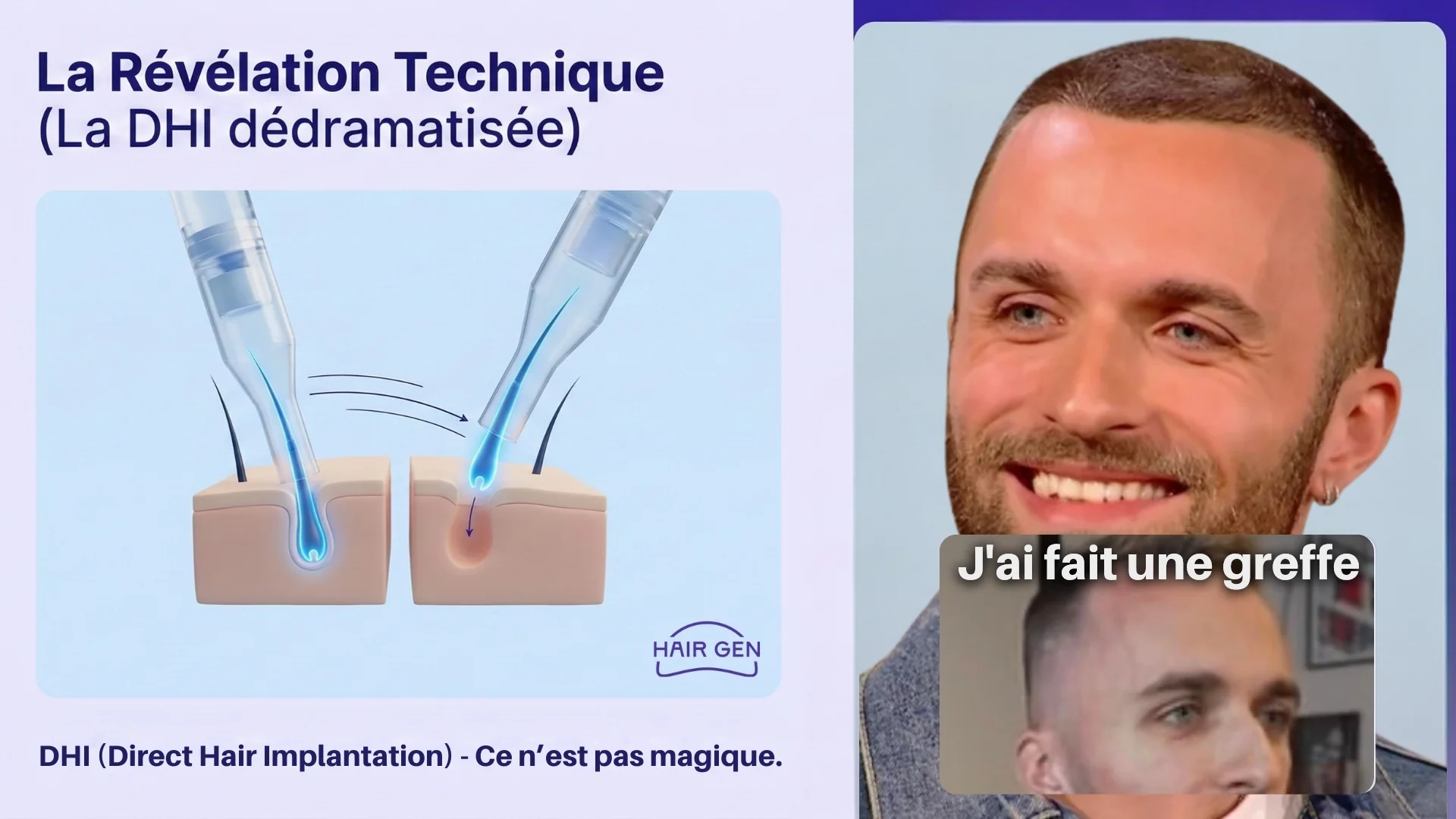 Schéma technique de l'implantation capillaire DHI à côté d'une photo de Squeezie souriant admettant avoir fait une greffe.