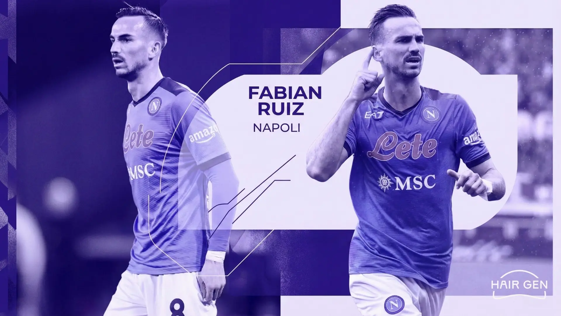 Deux photographies de Fabián Ruiz portant le maillot bleu du Napoli, le montrant en action et célébrant un but sur le terrain.