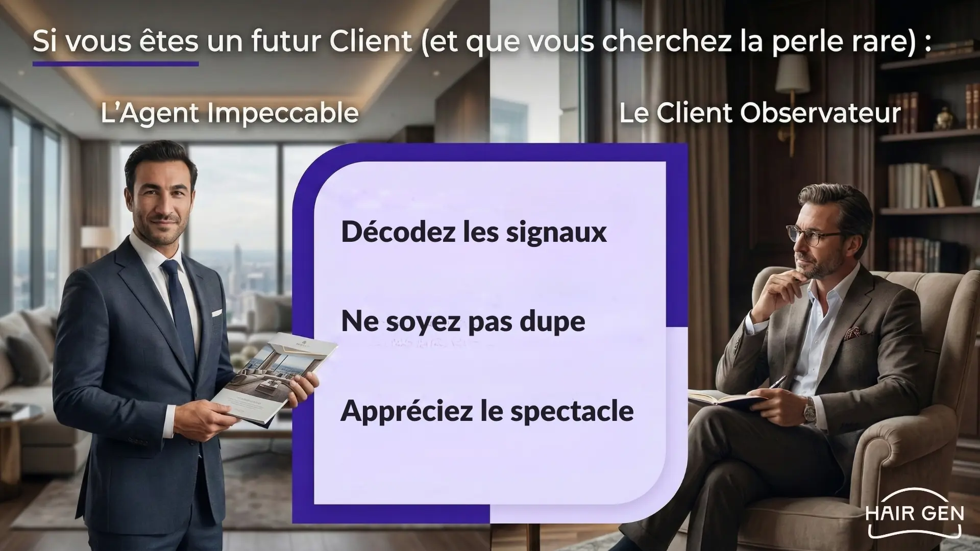 Infographie montrant un agent immobilier et un client, avec des conseils pour décoder les signaux et trouver la perle rare.