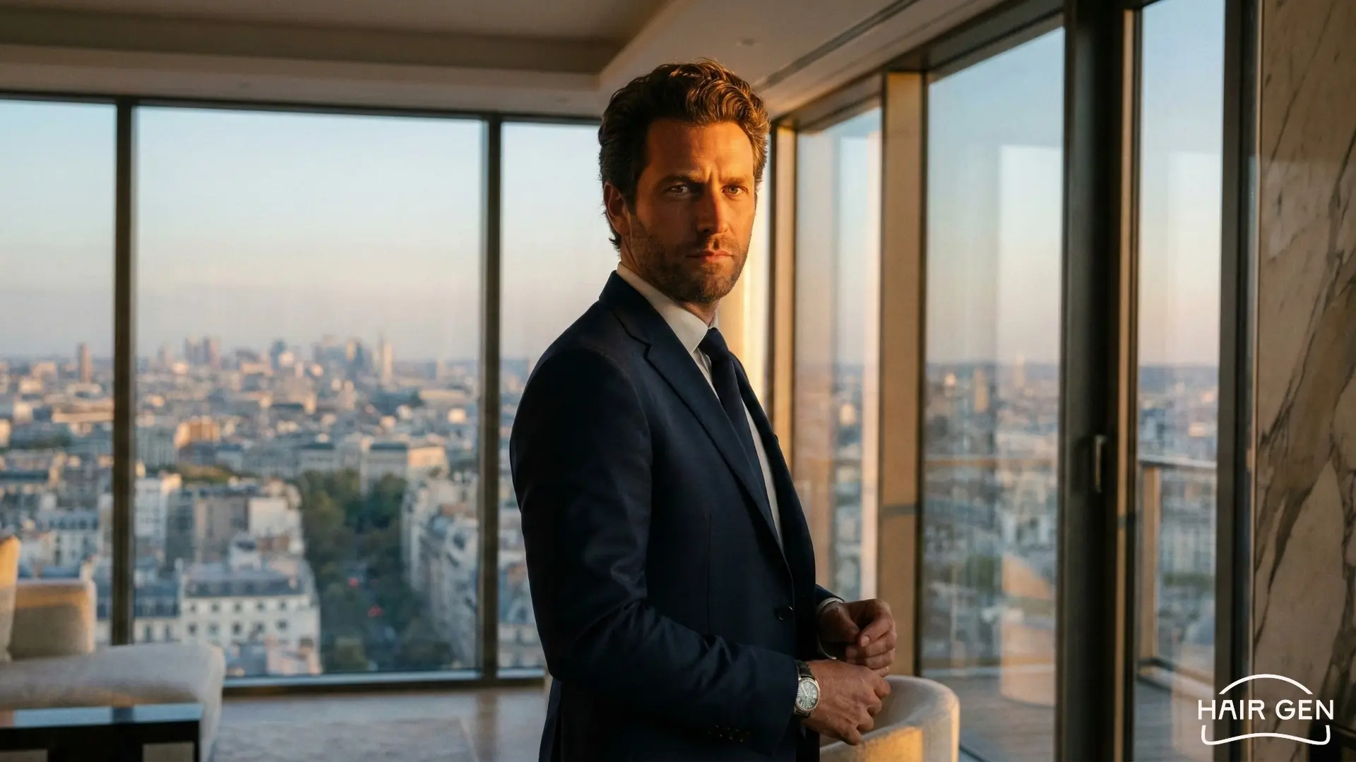 Agent immobilier posant de profil dans un appartement de luxe avec vue sur Paris au coucher du soleil.