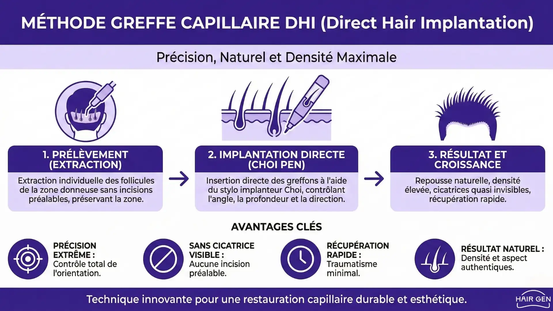 Illustration de la méthode DHI au stylo Choi : extraction, implantation directe et bénéfices clés.