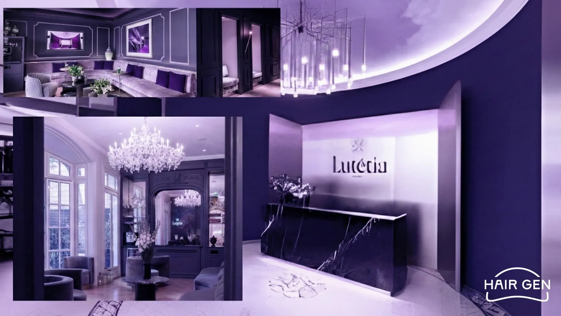 Photos de l'intérieur luxueux et moderne de la clinique esthétique Maison Lutétia avec un éclairage d'ambiance violet.