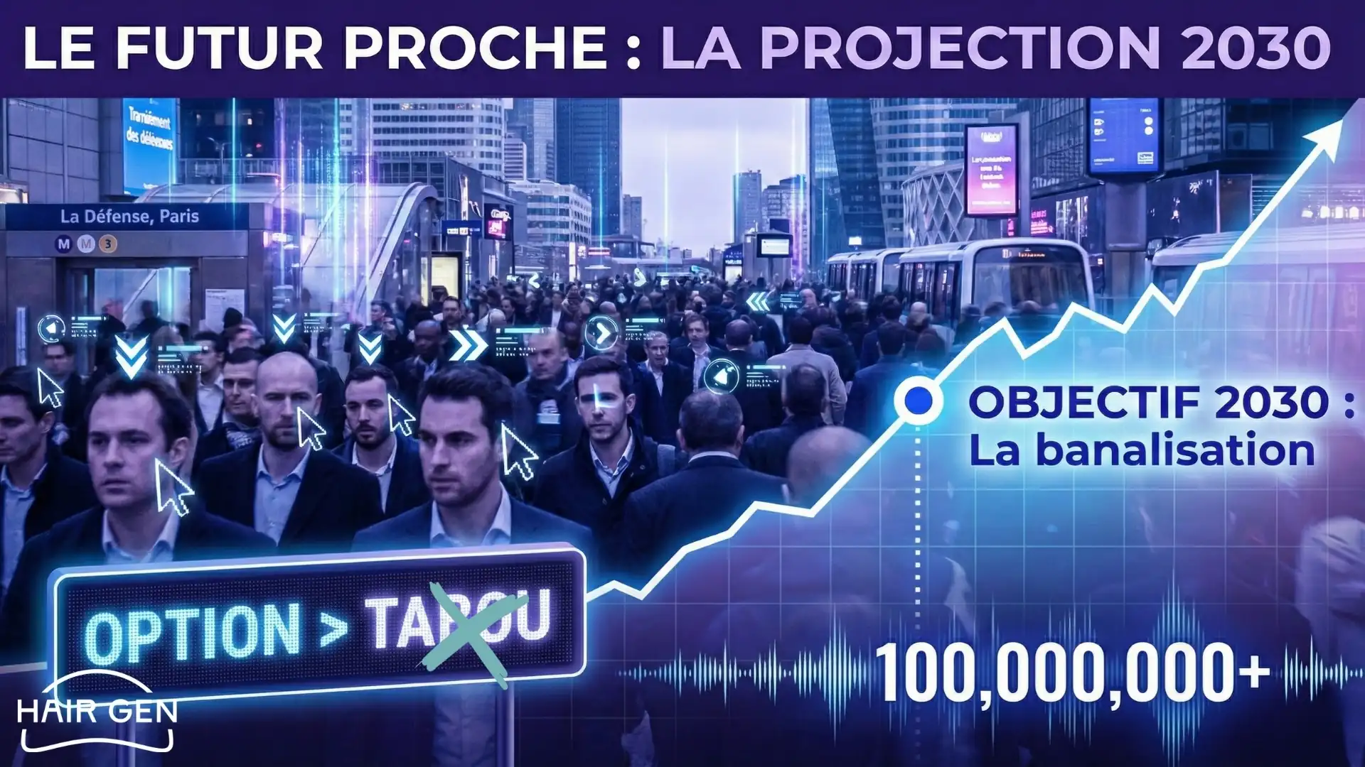 Graphique futuriste montrant une courbe ascendante et une foule, illustrant la popularisation des implants capillaires d'ici 2030.