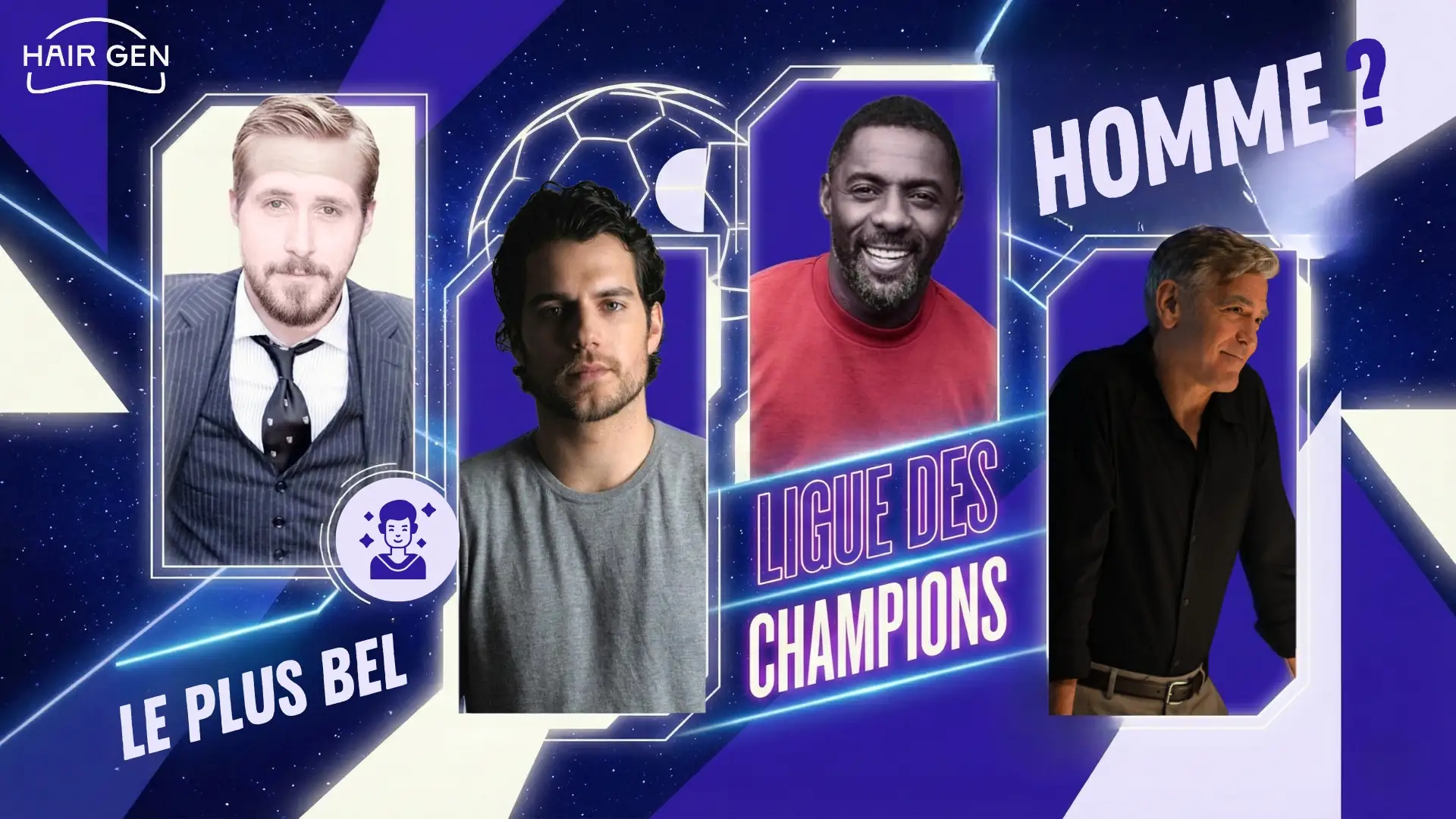 Comparaison visuelle entre Ryan Gosling, Henry Cavill, Idris Elba et George Clooney sous le titre Le plus bel homme ?