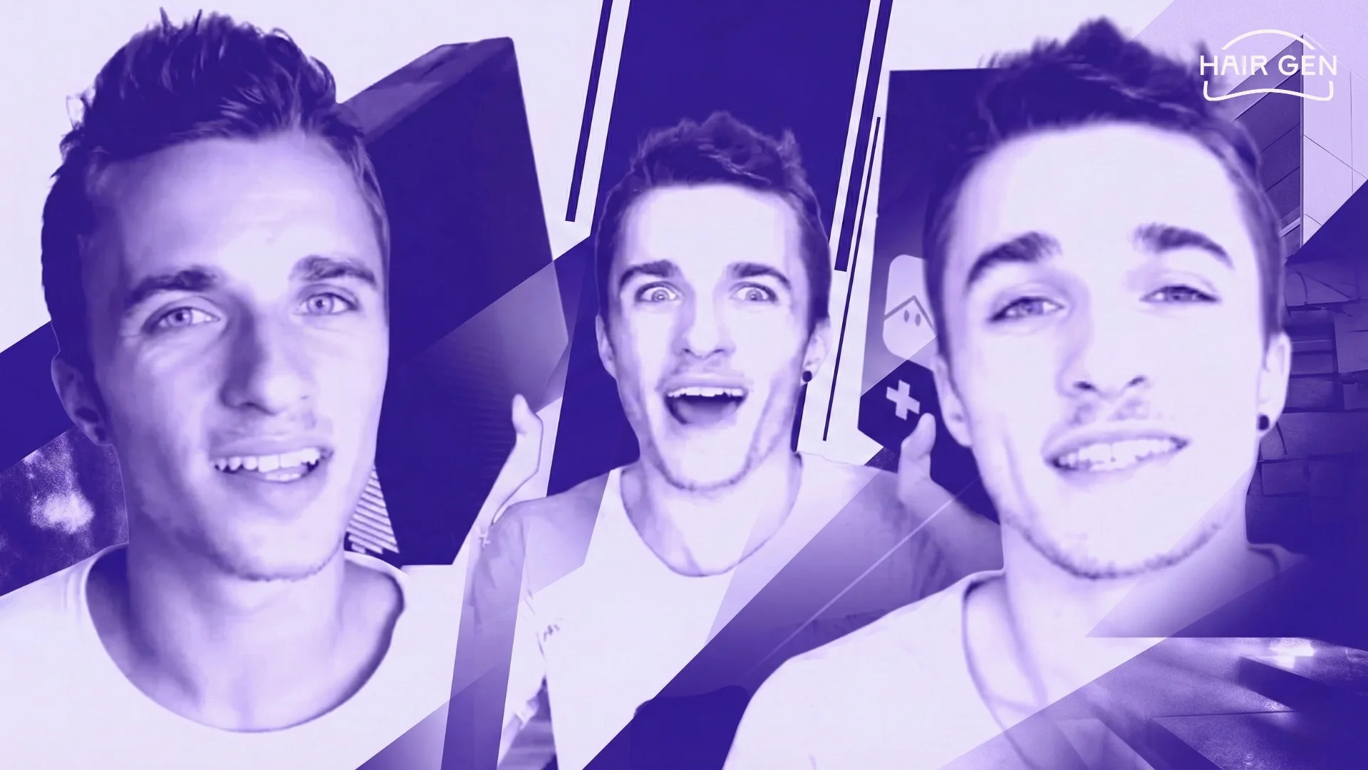 Trois photos de Squeezie adolescent avec sa coiffure en brosse caractéristique de ses débuts sur YouTube, filtre violet.