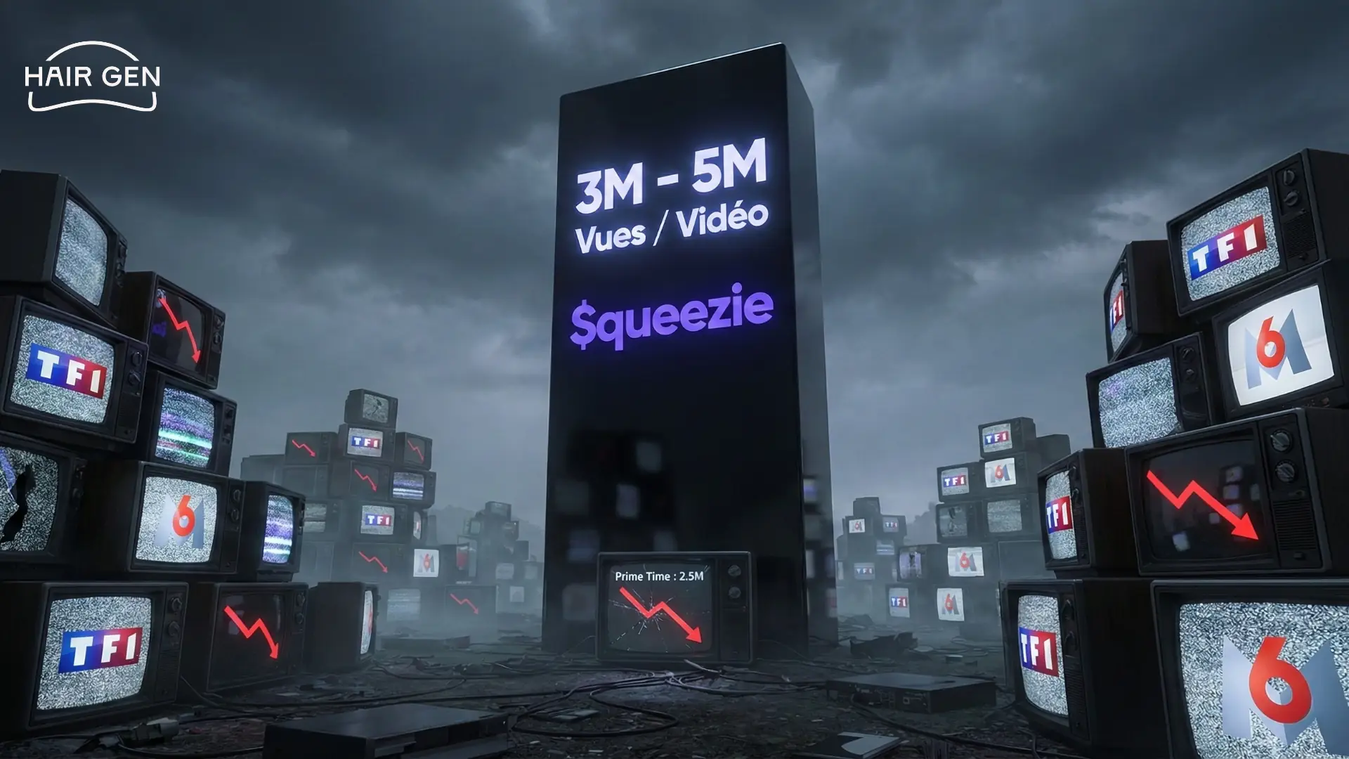 Illustration sombre d'un monolithe géant affichant les vues de Squeezie dominant un champ de vieilles télévisions (TF1, M6) en déclin.