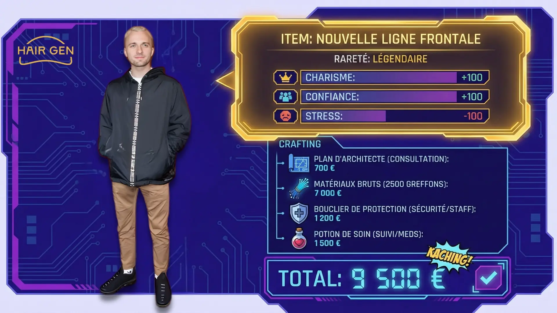 Interface de jeu vidéo présentant la nouvelle ligne frontale de Squeezie comme un objet légendaire boostant le charisme et la confiance, avec détail du coût.