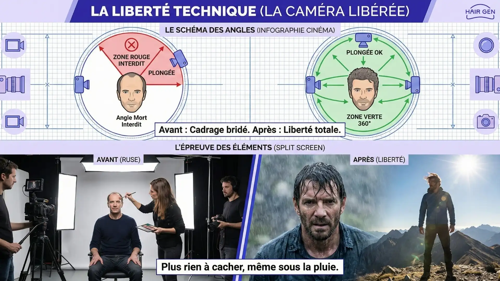 Infographie comparative montrant les restrictions d'angles de caméra avant une greffe de cheveux (zone rouge interdite) versus la liberté totale à 360 degrés après (zone verte), illustrée par des schémas et une photo de tournage sous la pluie.