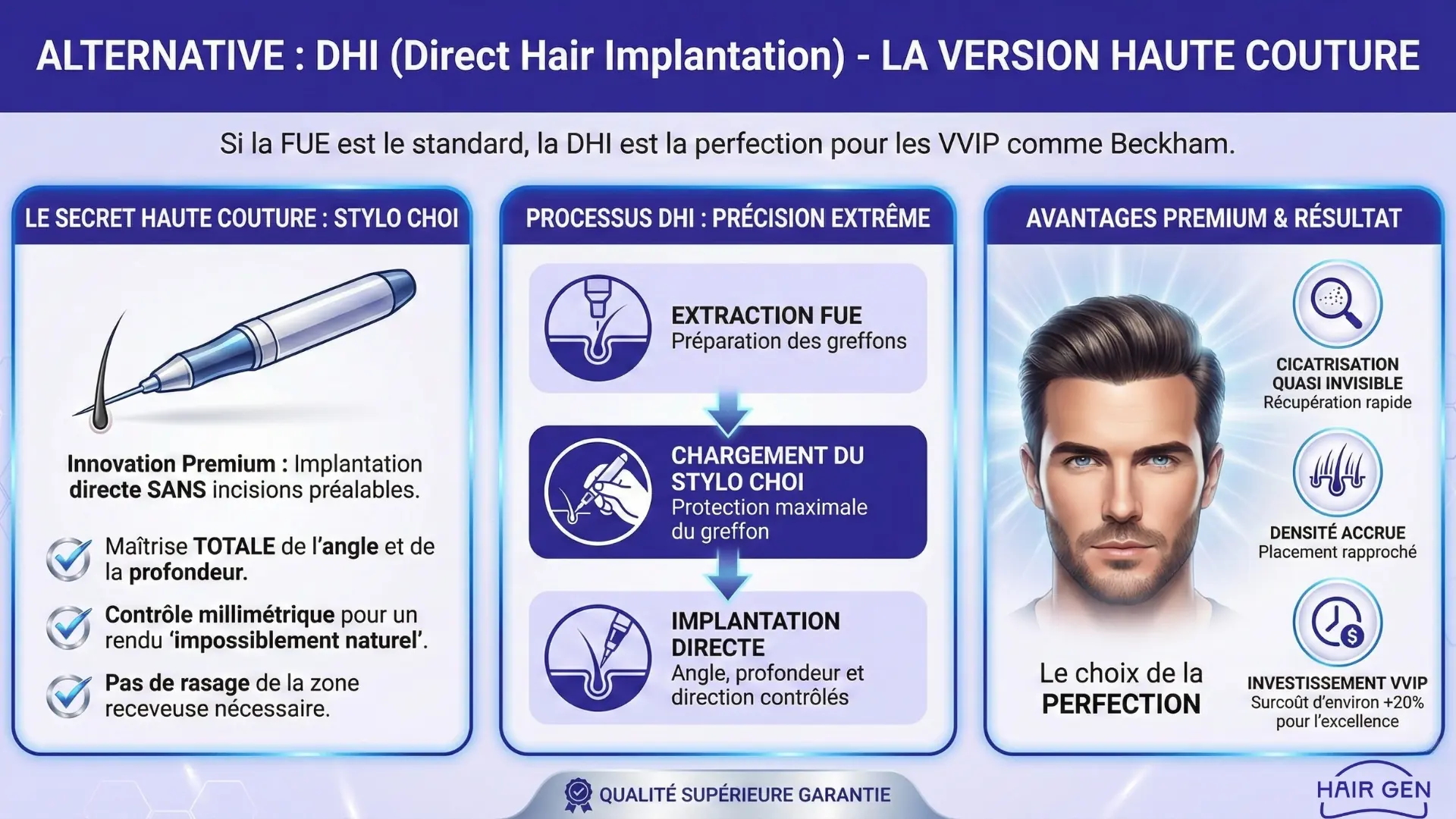 Infographie explicative sur la méthode DHI (Direct Hair Implantation) détaillant l'usage du Stylo Choi et ses avantages comme l'absence de cicatrices.
