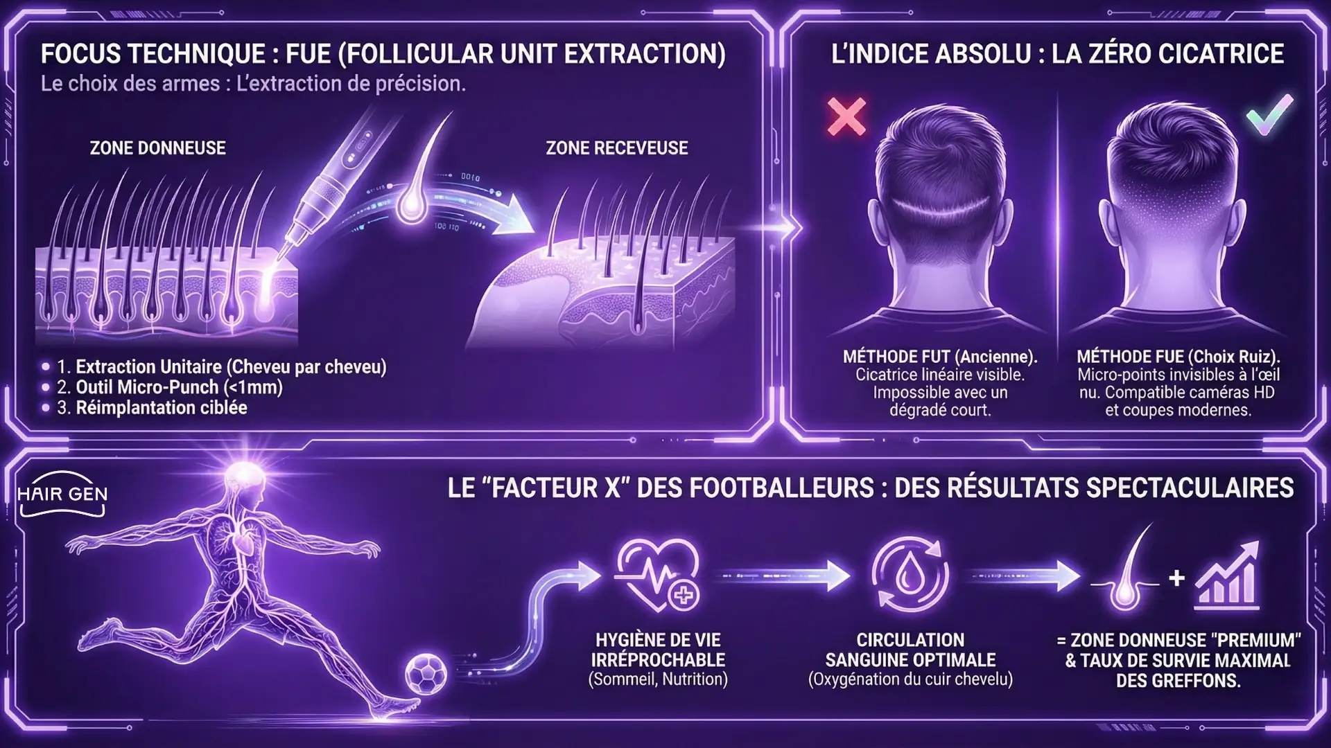 Infographie détaillée expliquant la technique FUE (Follicular Unit Extraction), comparant les cicatrices avec l'ancienne méthode et montrant le lien entre hygiène de vie et greffe.