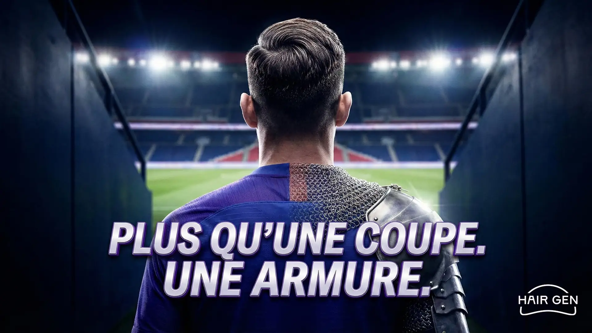 Illustration de Fabian Ruiz de dos avec une chevelure dense, entrant dans un stade. Son maillot se transforme en armure métallique sur l'épaule. Texte superposé : PLUS QU'UNE COUPE. UNE ARMURE.