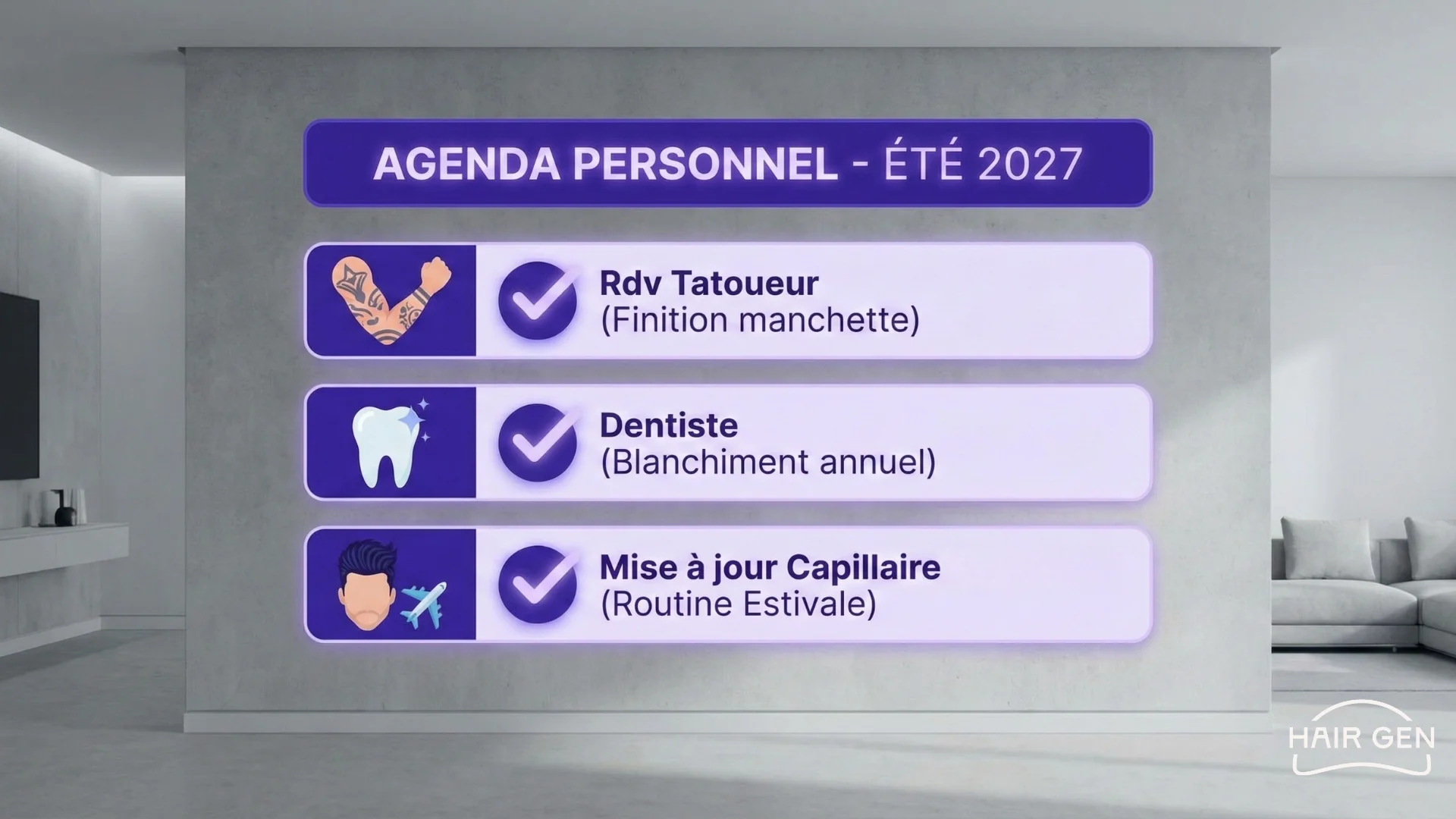 Un panneau Agenda Personnel - Été 2027 cochant trois tâches courantes : un tatouage, un blanchiment dentaire et une Mise à jour Capillaire.