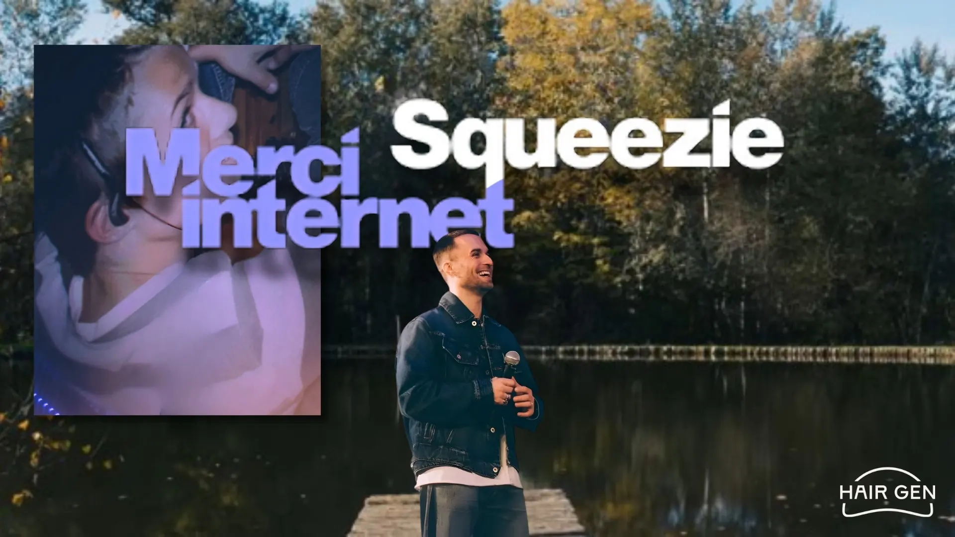 Squeezie riant dans un décor naturel pour Merci Internet, avec un insert montrant son crâne juste après l'opération.