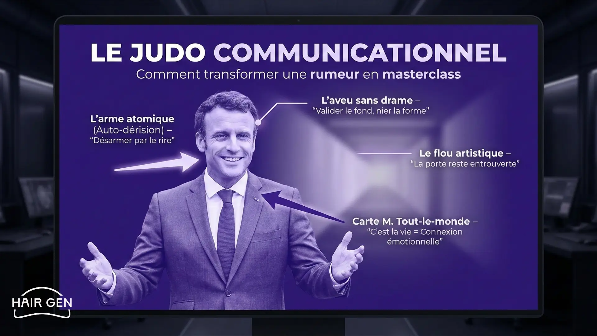 Emmanuel Macron souriant les bras ouverts, entouré d'annotations expliquant sa stratégie de communication basée sur l'auto-dérision.