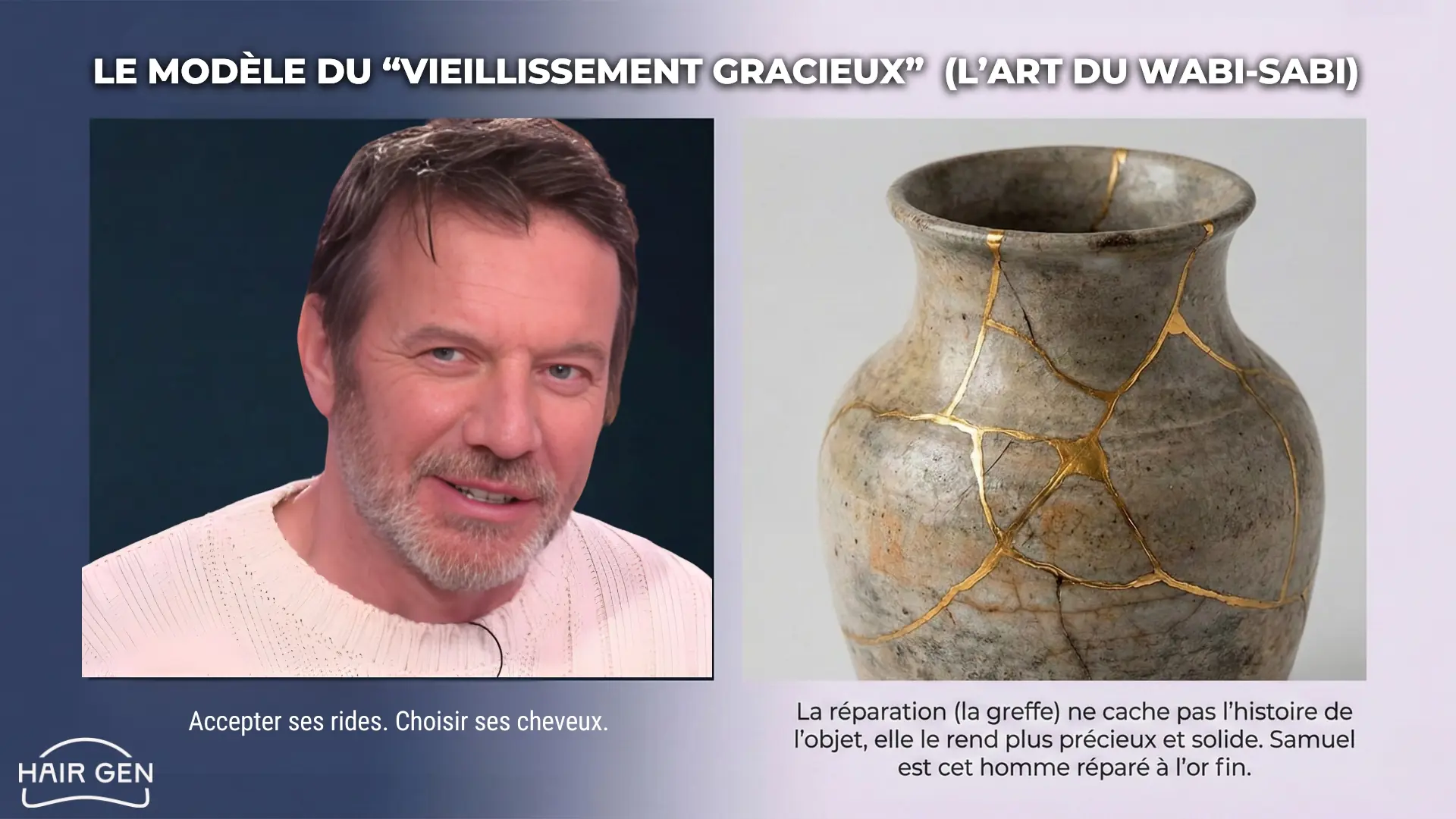 Comparaison visuelle entre le visage de Samuel Le Bihan et un vase Kintsugi réparé à l'or, illustrant la philosophie d'accepter ses rides tout en sublimant ses cheveux.