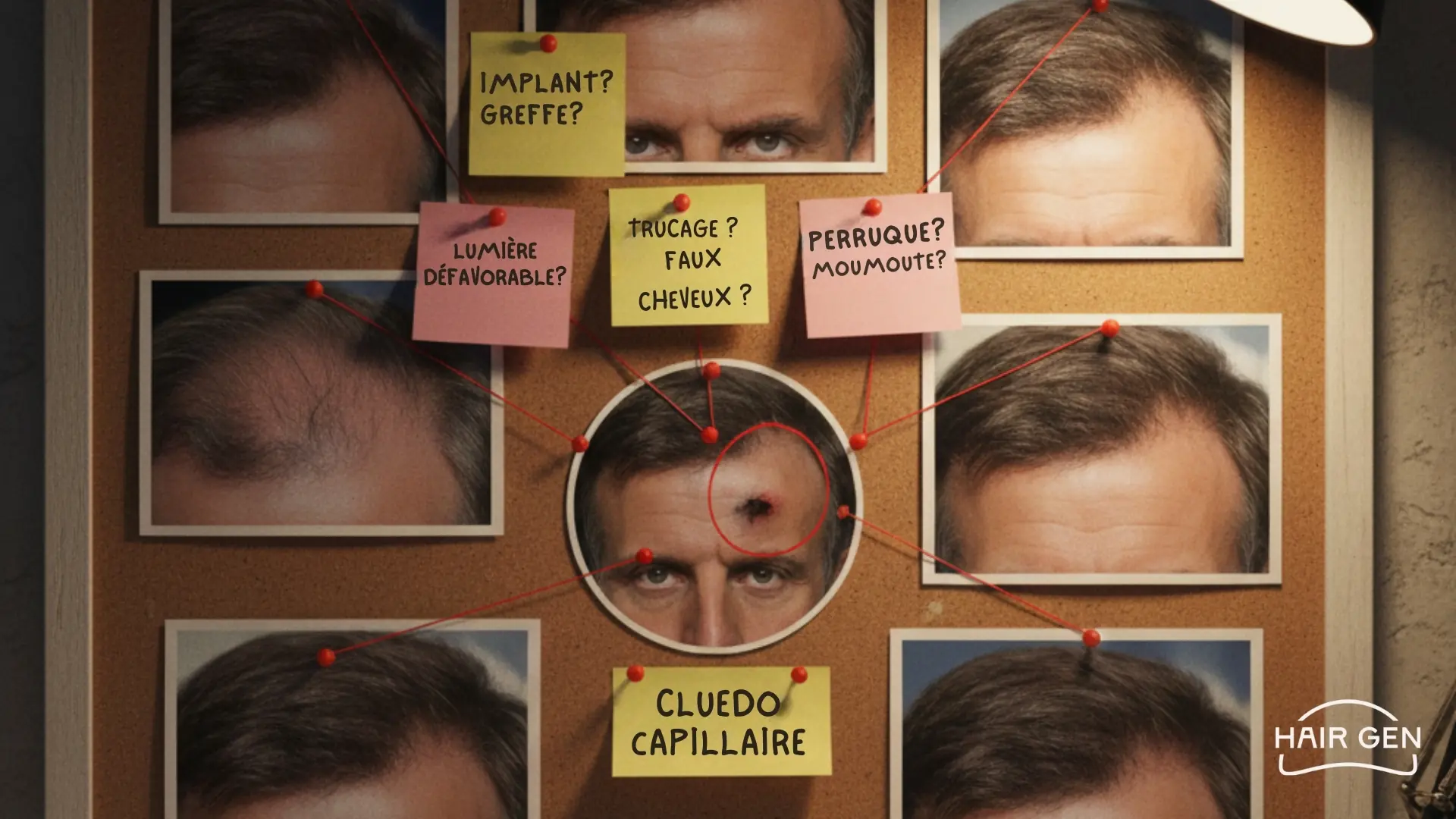 Tableau d'investigation avec des photos de cheveux reliées par des fils rouges et des post-its posant des questions sur d'éventuels implants ou perruques de Macron.
