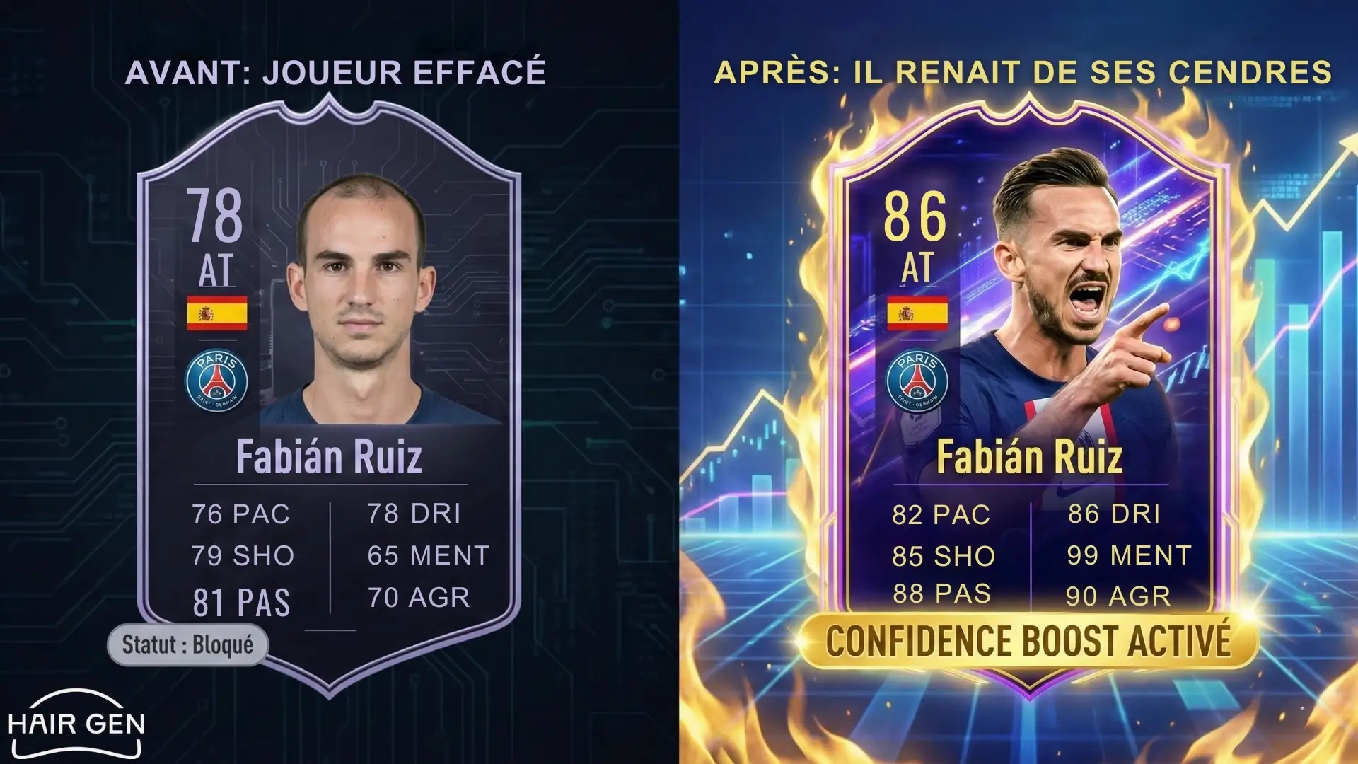 Comparaison de deux cartes style FIFA Ultimate Team : à gauche, Fabián Ruiz dégarni avec des stats moyennes ; à droite, avec des cheveux, rayonnant et des stats boostées.
