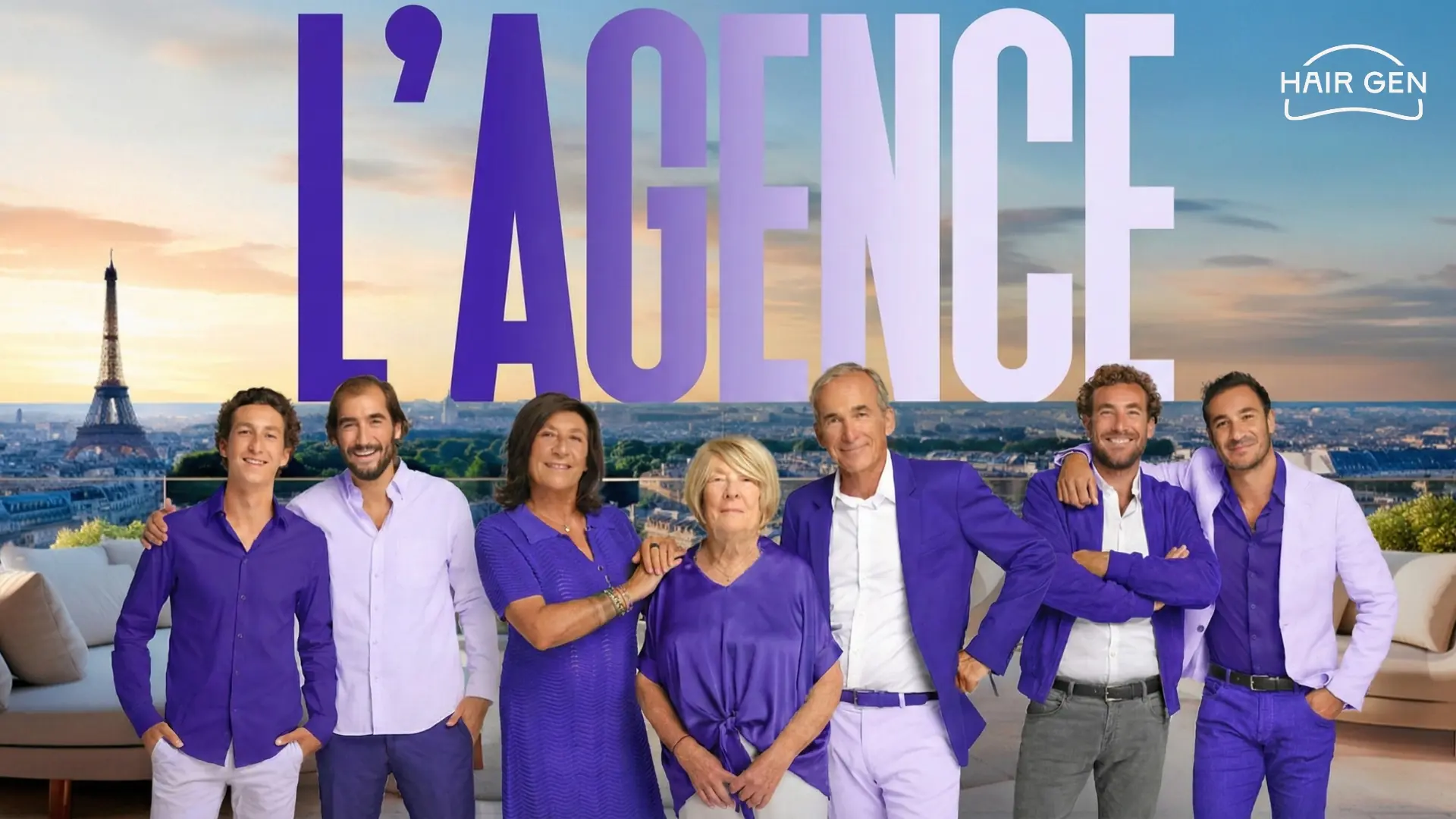 La famille Kretz de l'émission L'Agence posant devant la Tour Eiffel avec le logo Hair Gen.