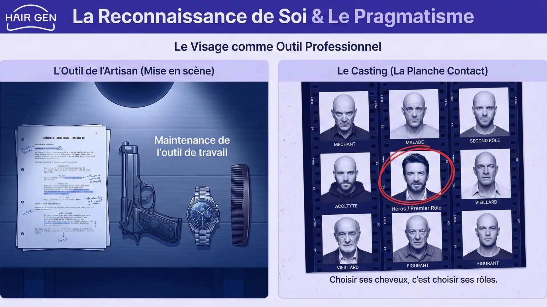 Planche contact conceptuelle montrant comment la calvitie cantonne aux rôles de méchant ou vieillard, tandis que les cheveux permettent d'accéder au Héros.