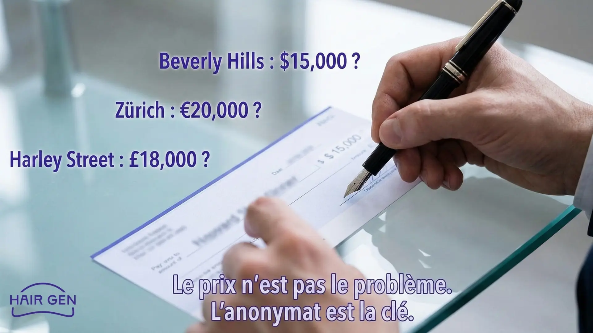 Photo d'une main signant un chèque, listant des coûts hypothétiques de cliniques (Beverly Hills, Zürich), avec la mention que l'anonymat est la clé.