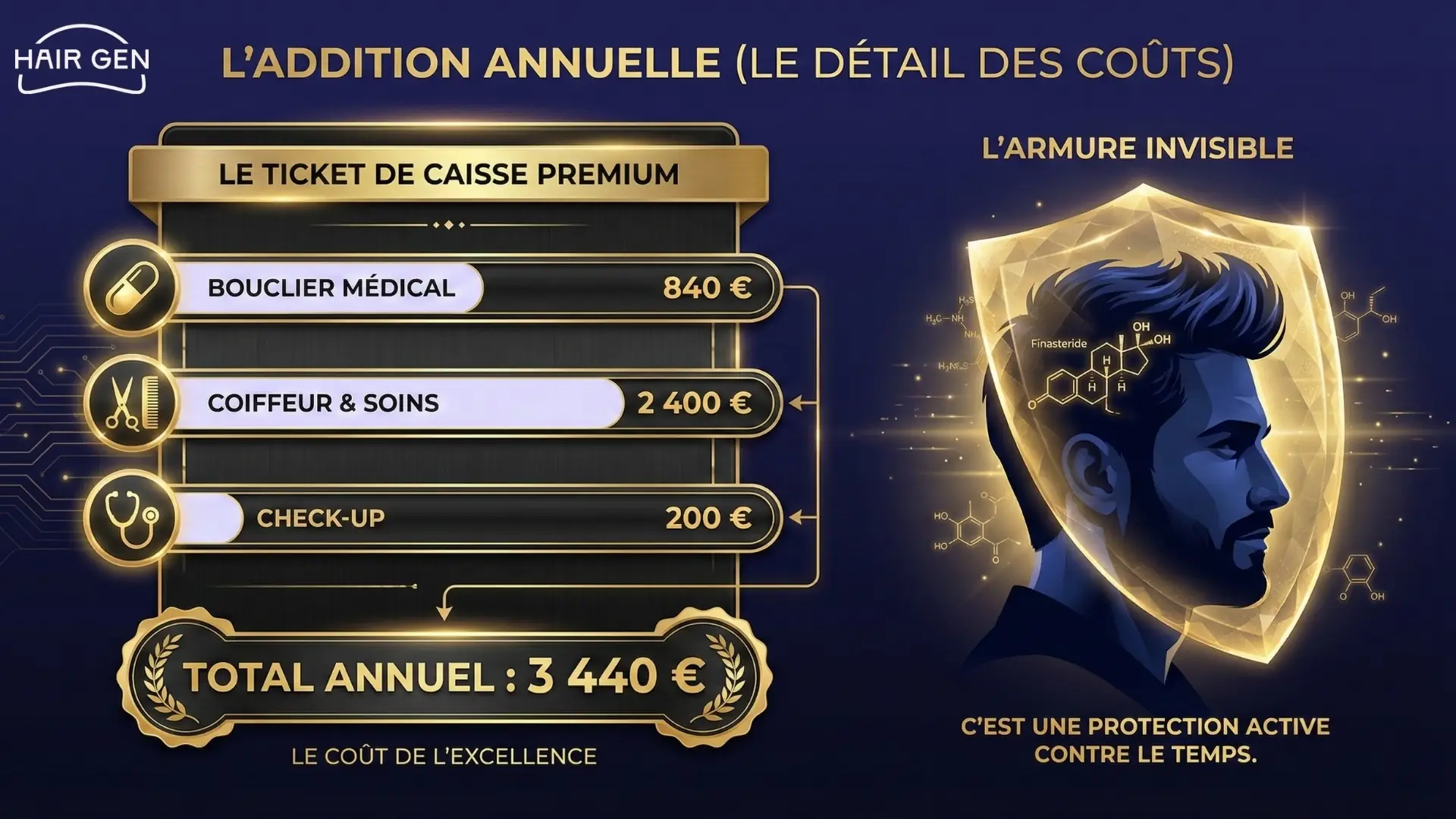 Infographie détaillant le Ticket de caisse premium pour l'entretien capillaire annuel, incluant bouclier médical, coiffeur et check-up pour un total de 3 440 €.