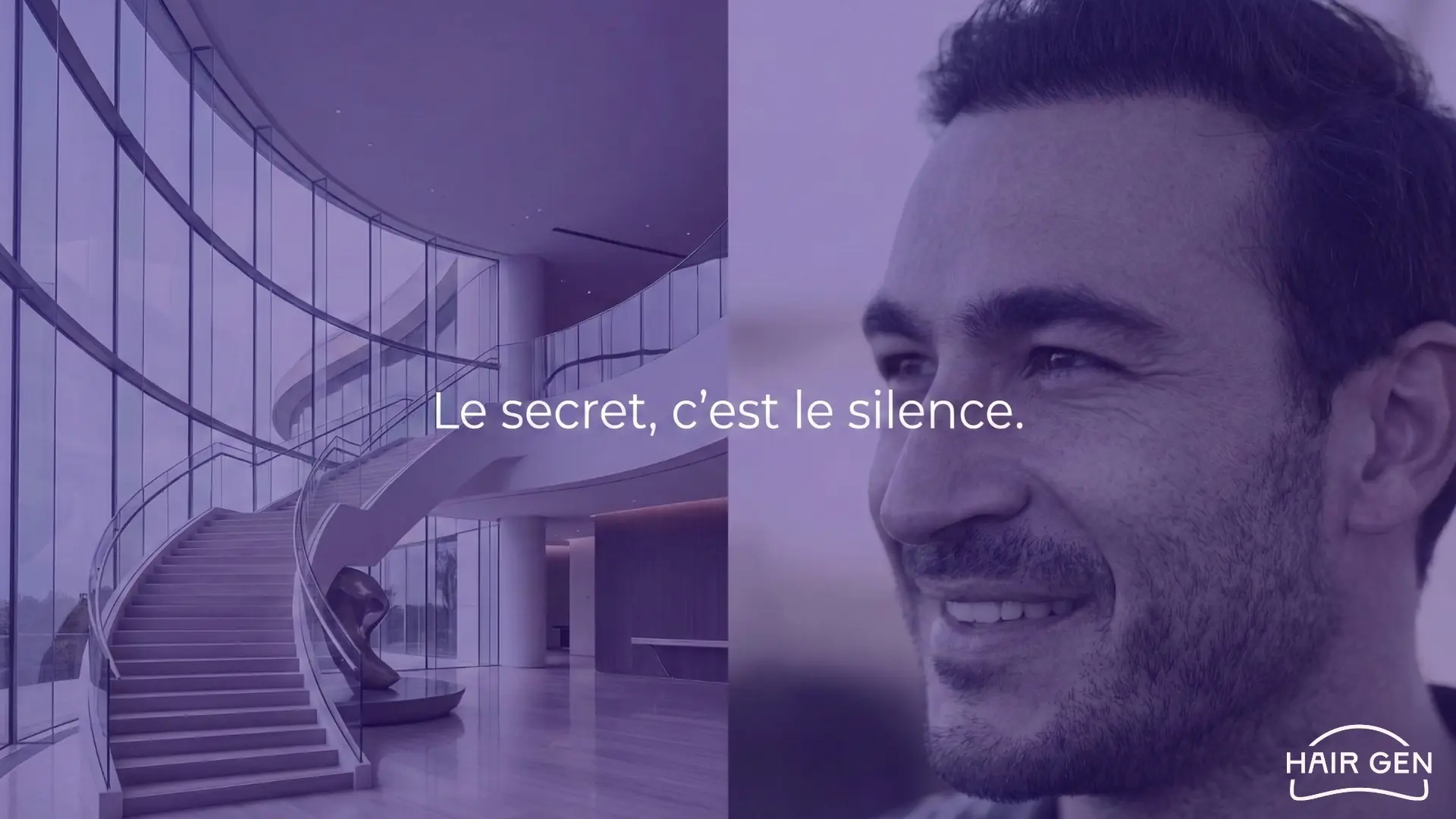 Composition graphique associant un intérieur luxueux et le visage souriant de Valentin Kretz avec le slogan Le secret, c'est le silence.