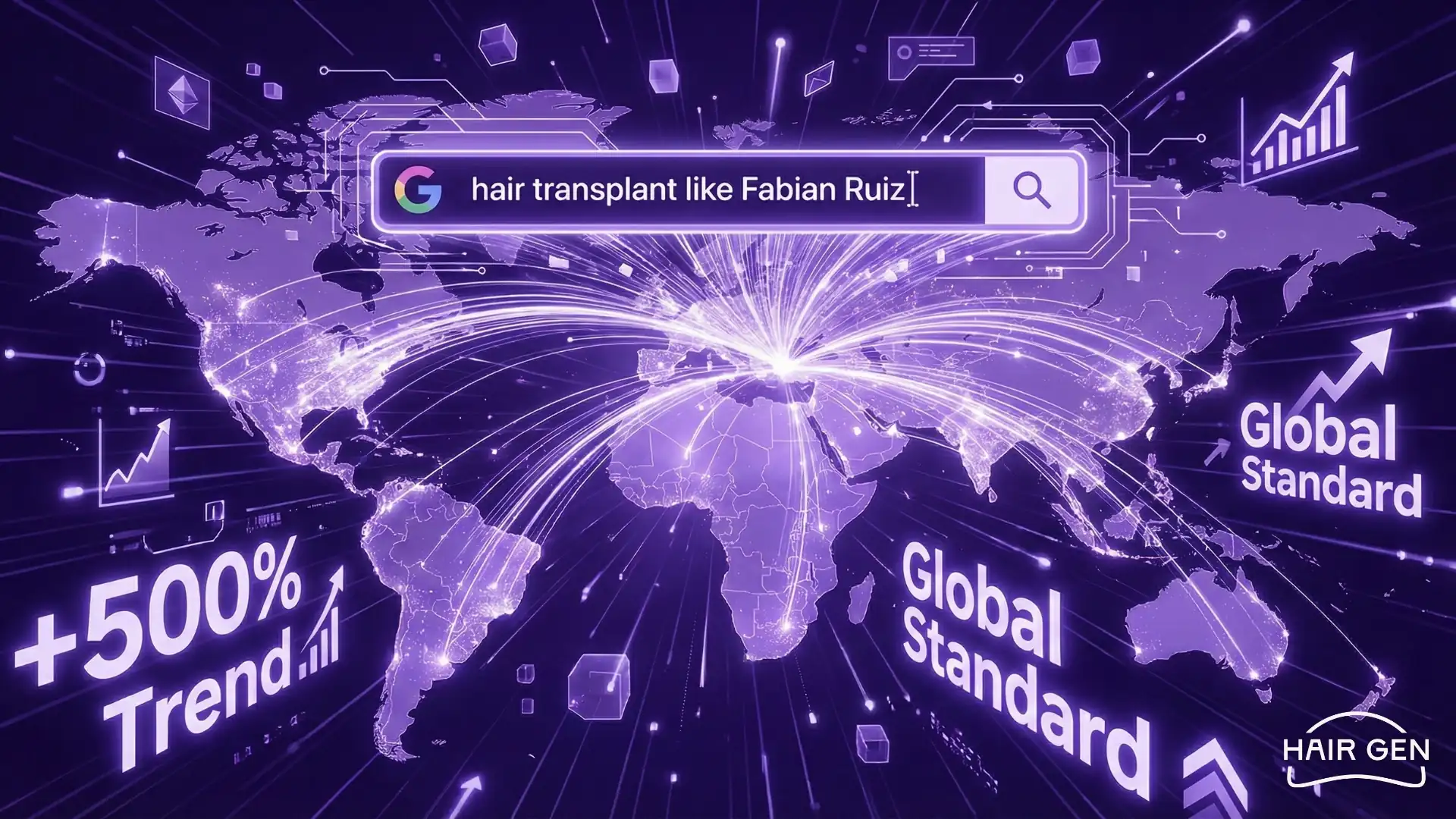 Carte du monde numérique connectée montrant des flux de données convergeant vers la Turquie, surmontée d'une barre de recherche Google indiquant hair transplant like Fabian Ruiz.