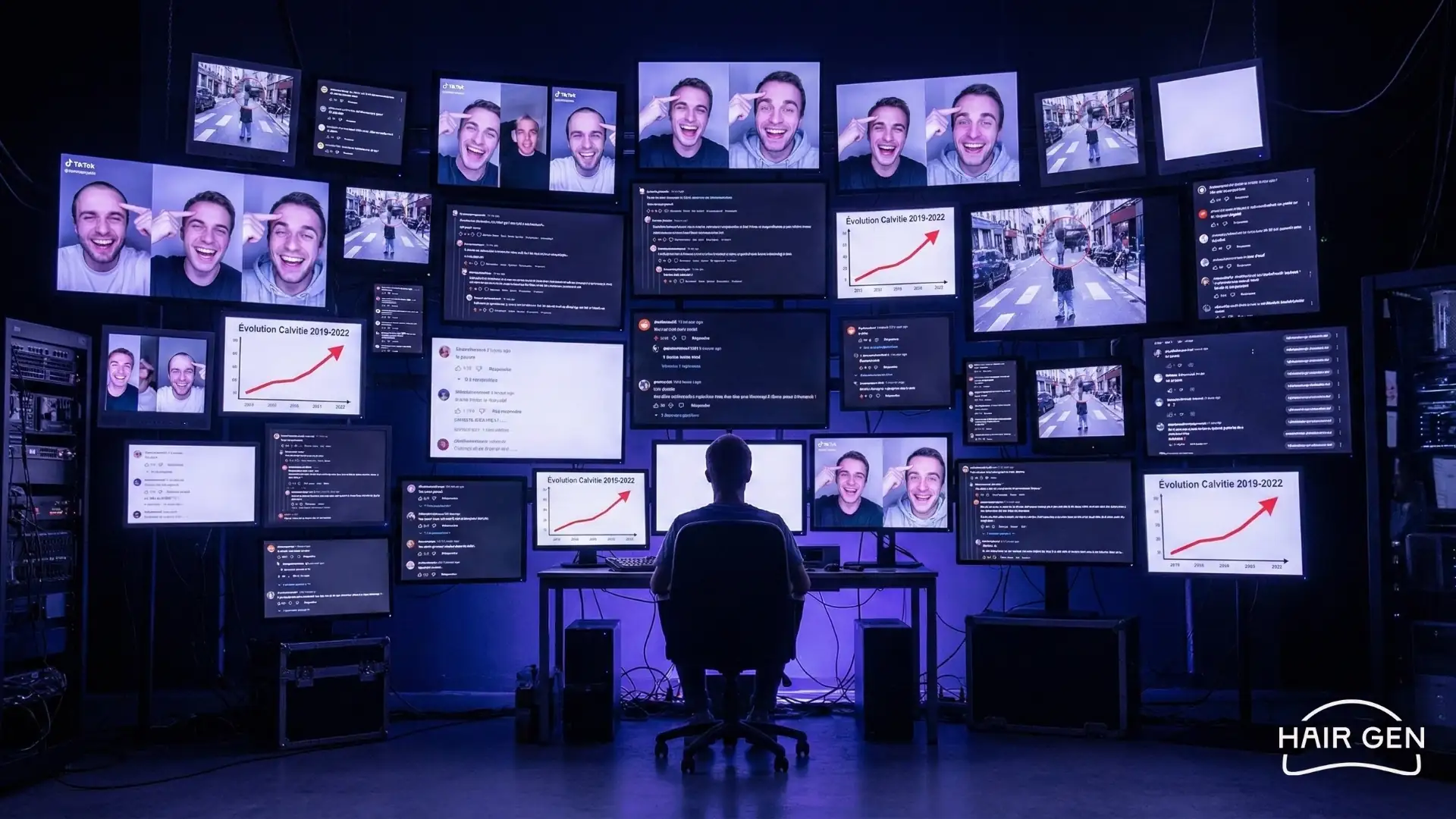 Salle de surveillance fictive avec de multiples écrans affichant des graphiques de l'évolution capillaire de Squeezie et des analyses vidéo.