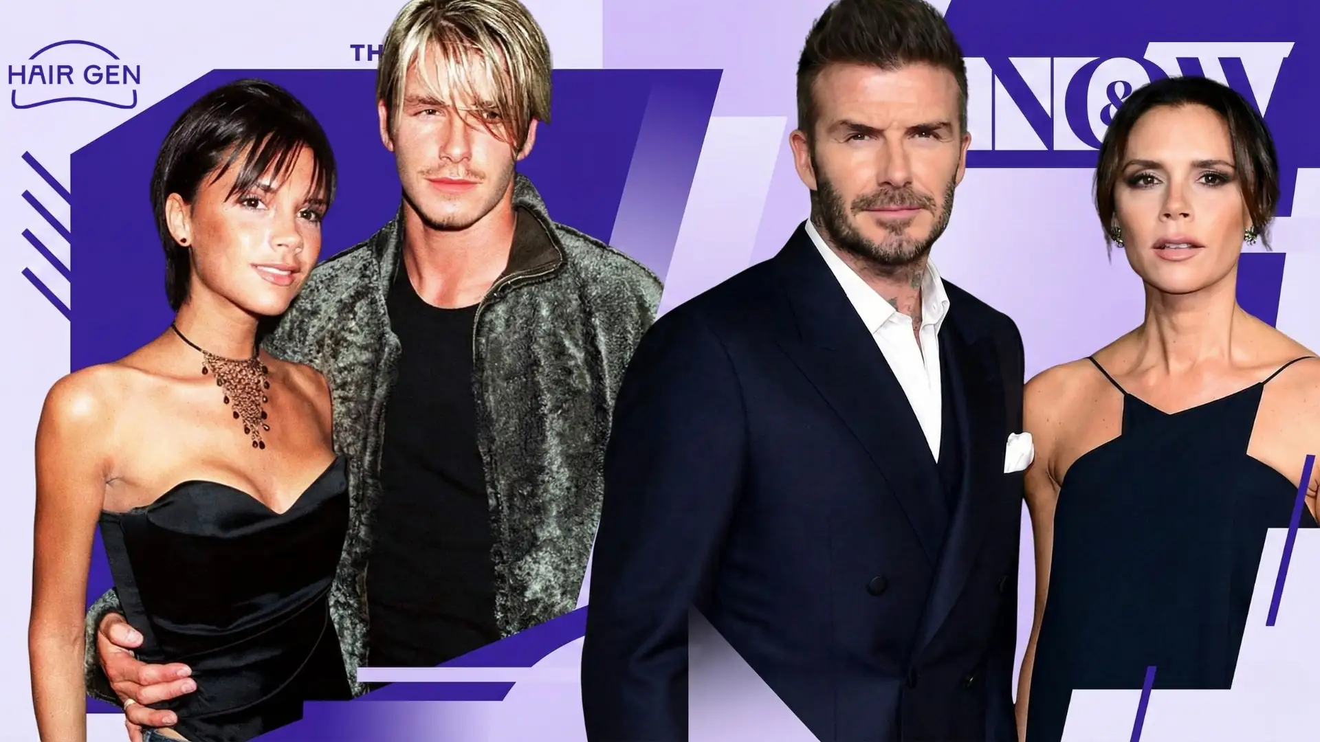 Photo comparative montrant David et Victoria Beckham jeunes dans les années 90 à gauche, et une photo actuelle du couple élégant à droite.