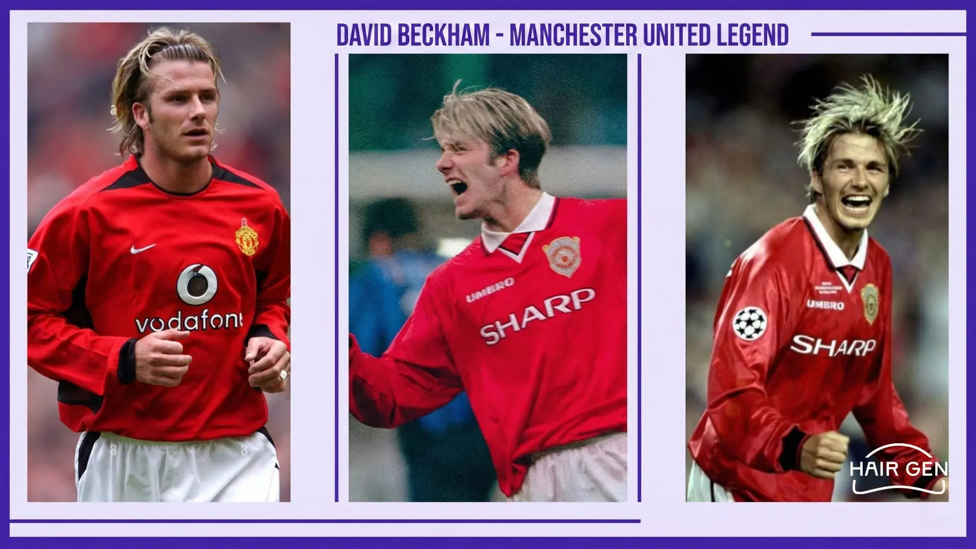 Collage de trois photos de David Beckham jeune portant le maillot rouge de Manchester United avec sa célèbre coupe au bol blonde.